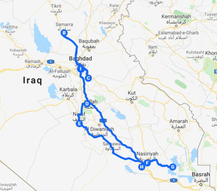 Map of the route for the federal iraq highlights itinerary.